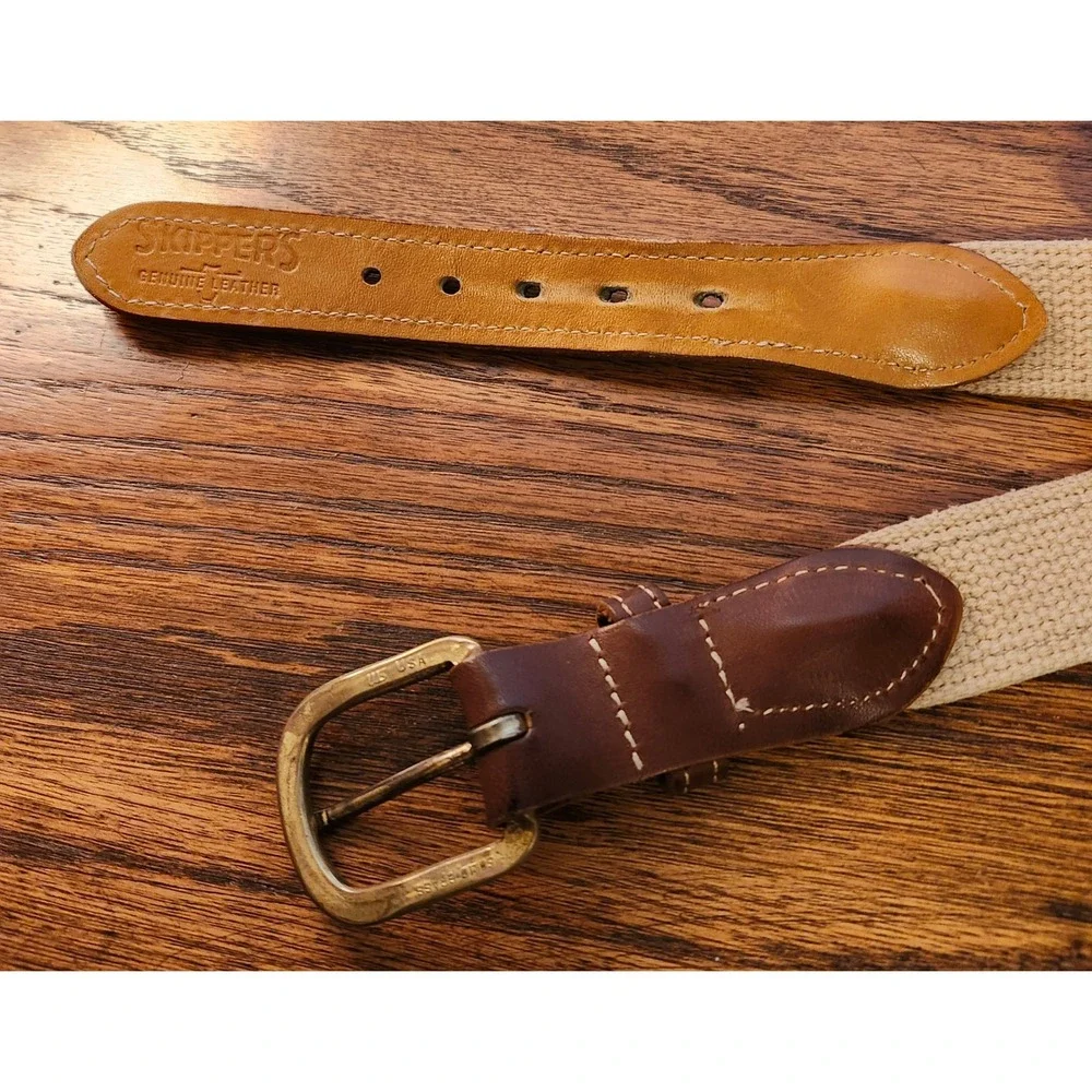 Skippers Mens Nautical Sailboat Ribbon Belt Canvas Leather Brass Buckle Navy Tan